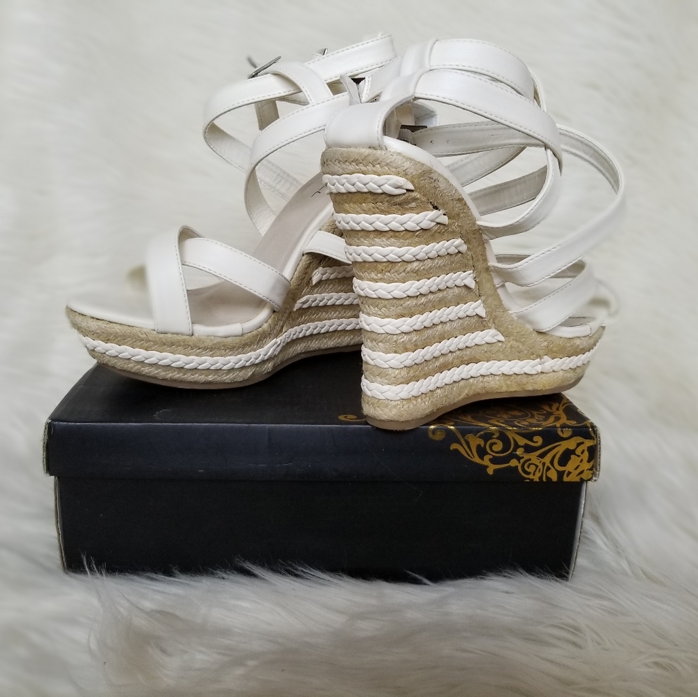 Women's White Crisscross Strappy Wedge Heels Sz 9